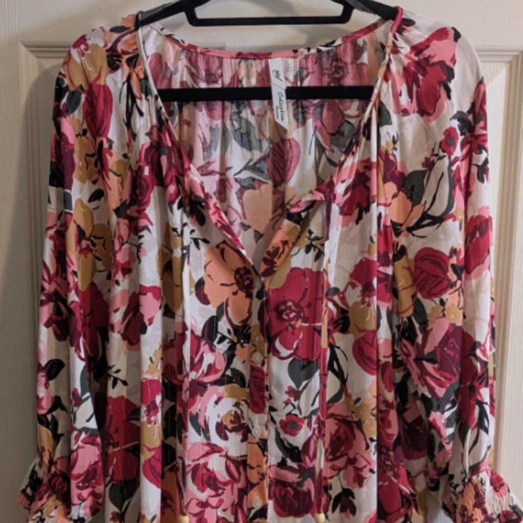 Ny Collections Womens Size 1x Floral Embellished 3/4 Sleeve Blouse